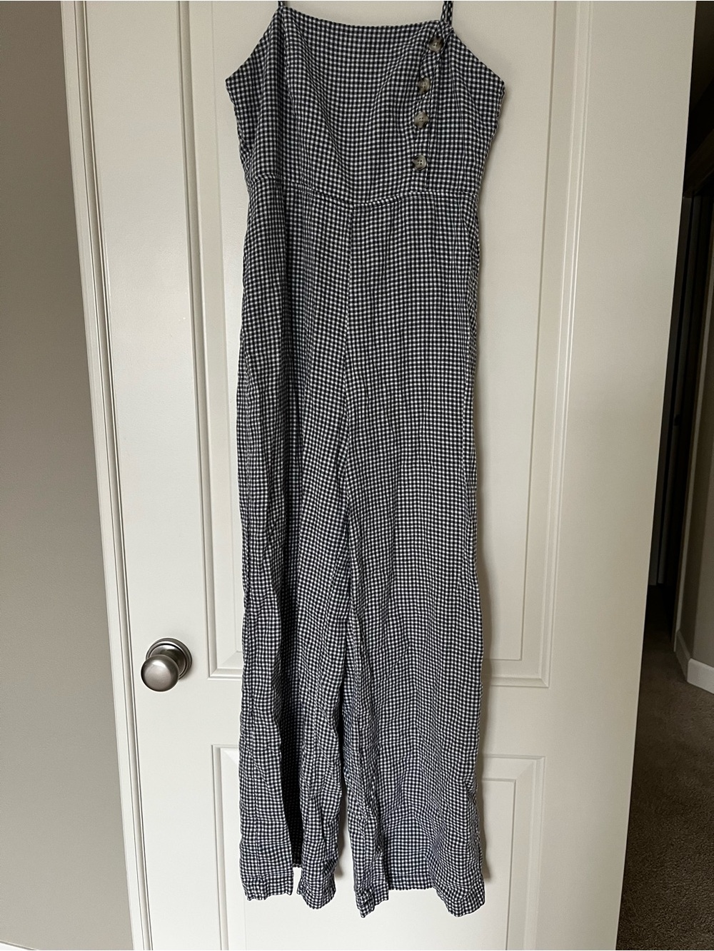 Blue and White Gingham Wide-Leg Jumpsuit